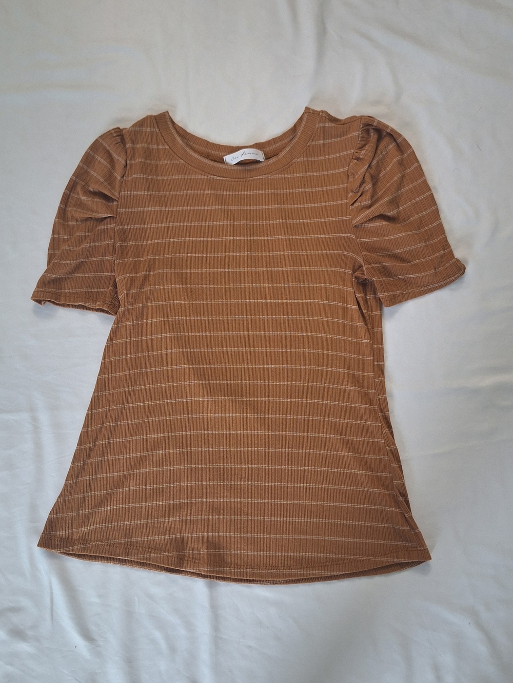 Ces Femme Puff Sleeve Top Soft Stretch Ribbed Carmel Stripped Medium
